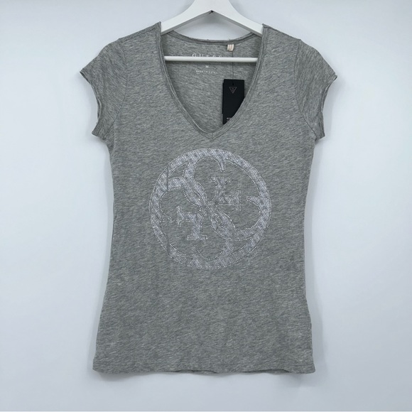 NWT Guess Gray T-Shirt with Rhinestones V-Neck Size Medium - Picture 1 of 4